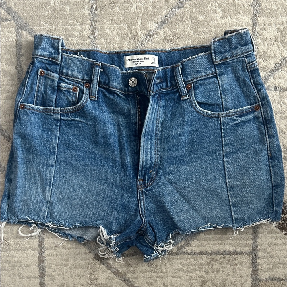 High-Rise Raw Hem Denim Shorts - Blue